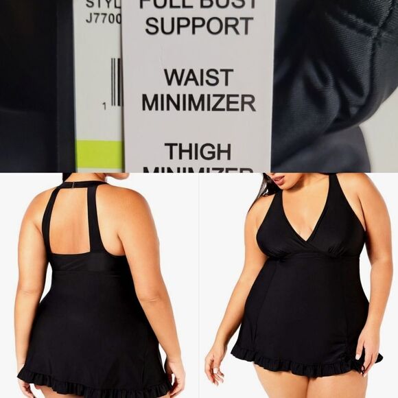 $80 18W slimming ISLAND ESCAPE BUST SUPPORT BLACK MINIMIZER SWIM SWIMSUIT DRESS - Picture 1 of 8